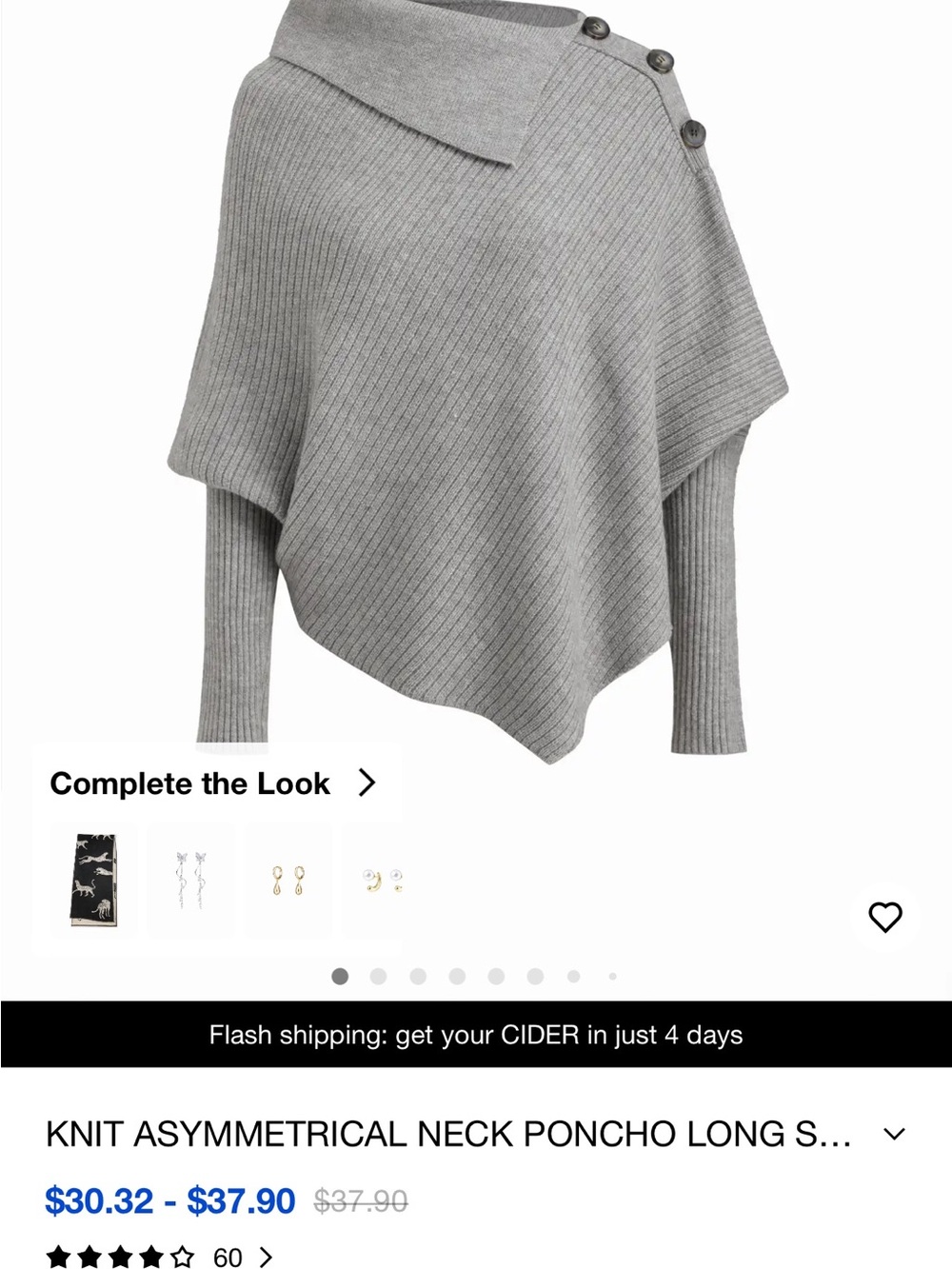 Cider Gray Ribbed Asymmetrical Neck Poncho Sweater